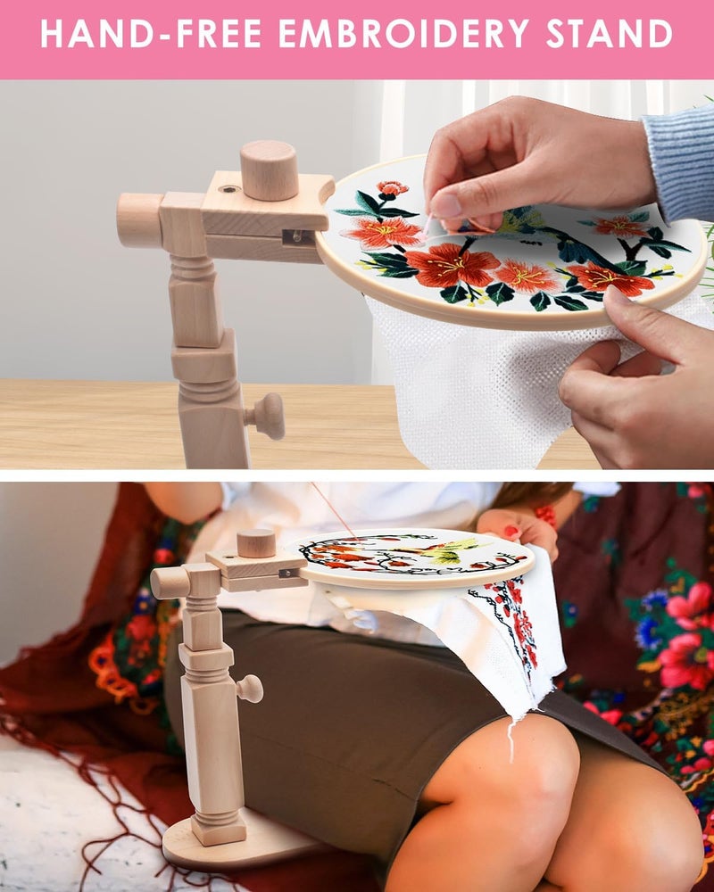 TINDTOP Beech Wood Embroidery Hoop Stand, with 3pcs Embroidery Hoops (3inch + 6inch + 8inch), Adjustable Rotated Wooden Embroidery Hoop Holder for Cross Stitch and Embroidery Projects - Image 4